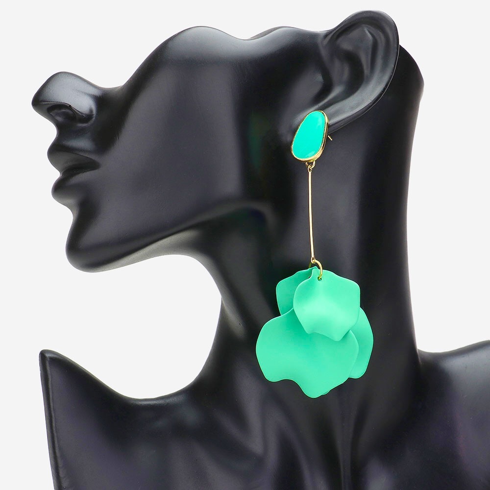 Green Petal Dropdown Dangle Statement Earrings
